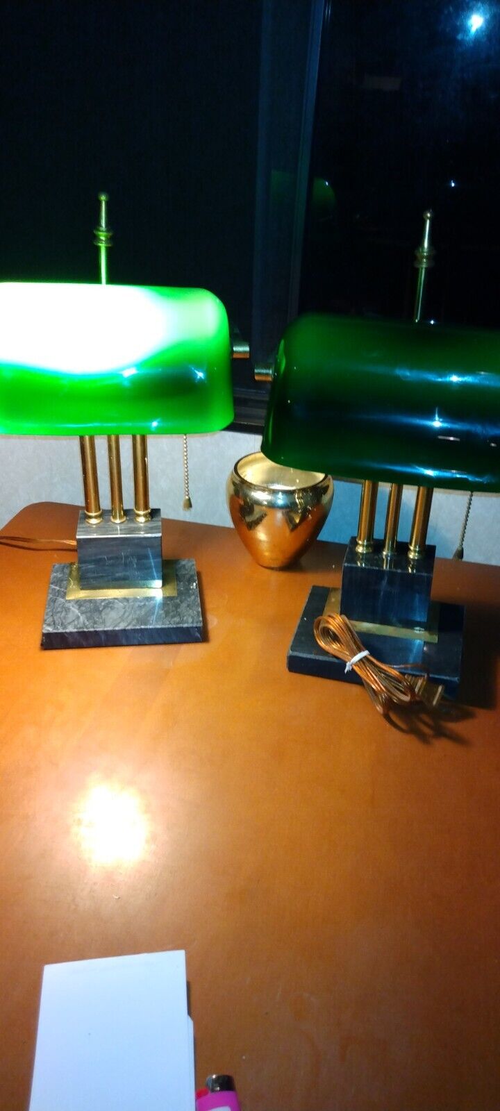 vintage green marble and brass bank lamps
