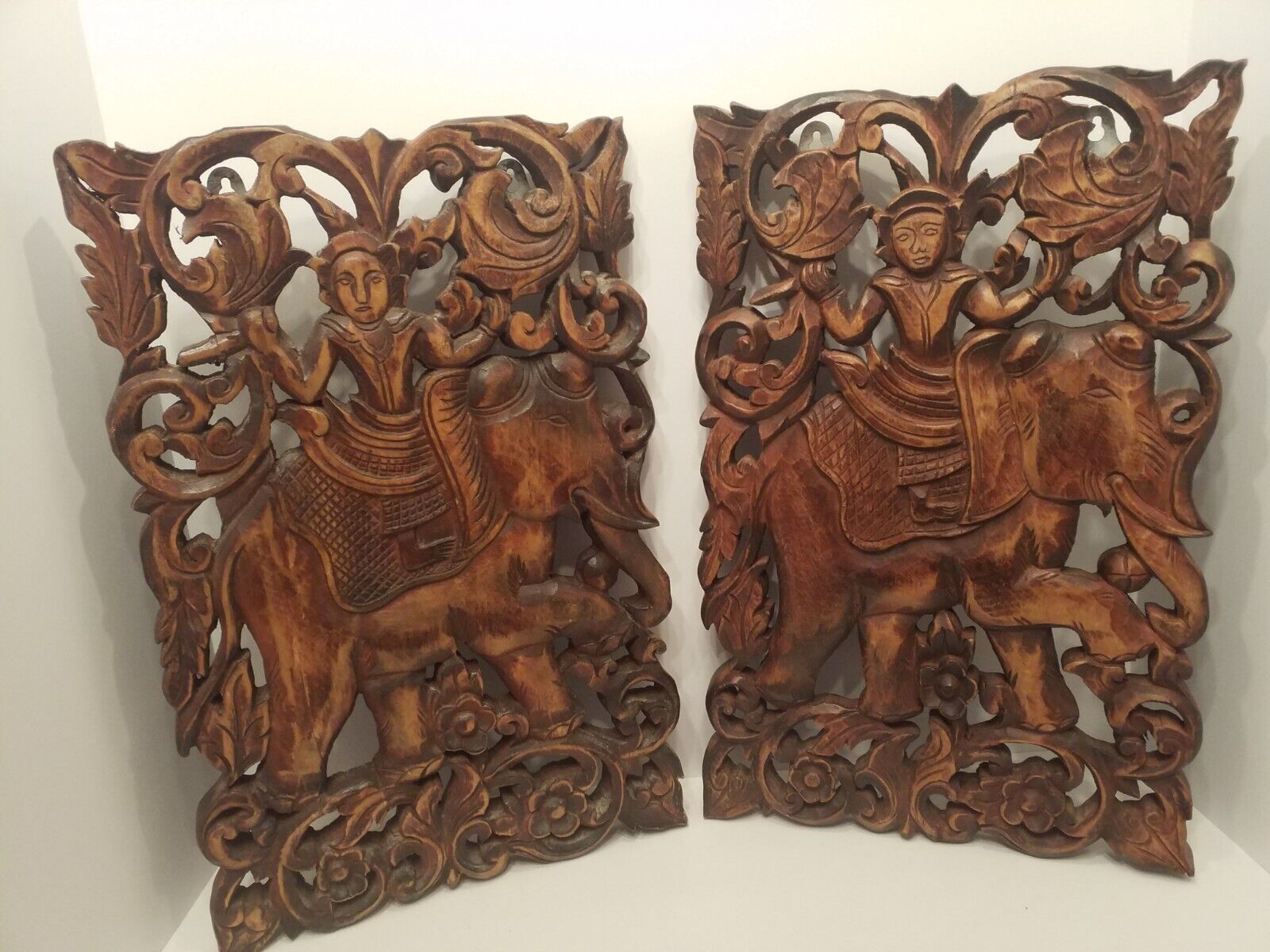 2 Beautiful Thai Carved Wood Panels Of Warriors On Elephants