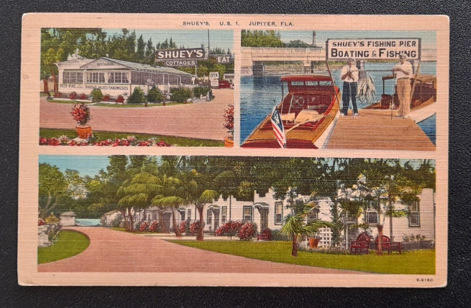 Vintage Shueys Inn Restaurant Jupiter Florida US 1 FL Fishing Trailer Postcard 