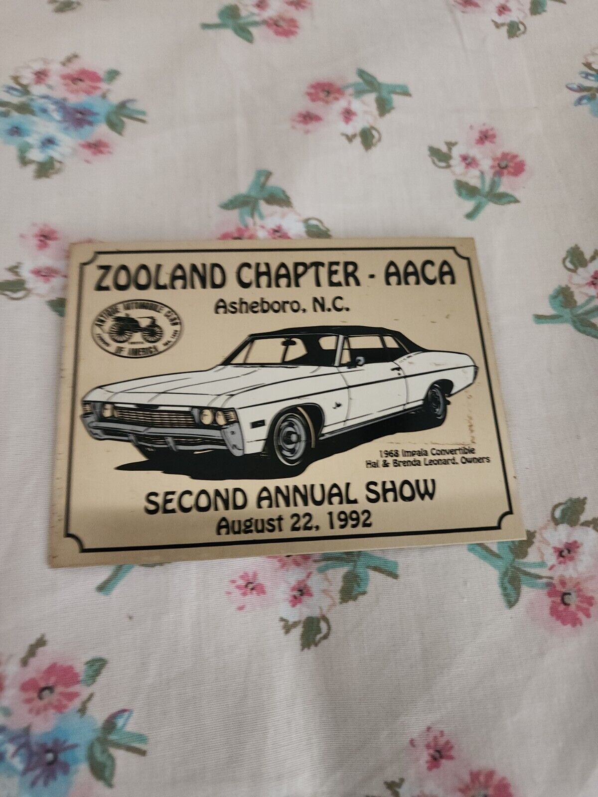 1992 ZOOLAND Chapter AACA Asheboro Nc Plaque 2nd Annual Show