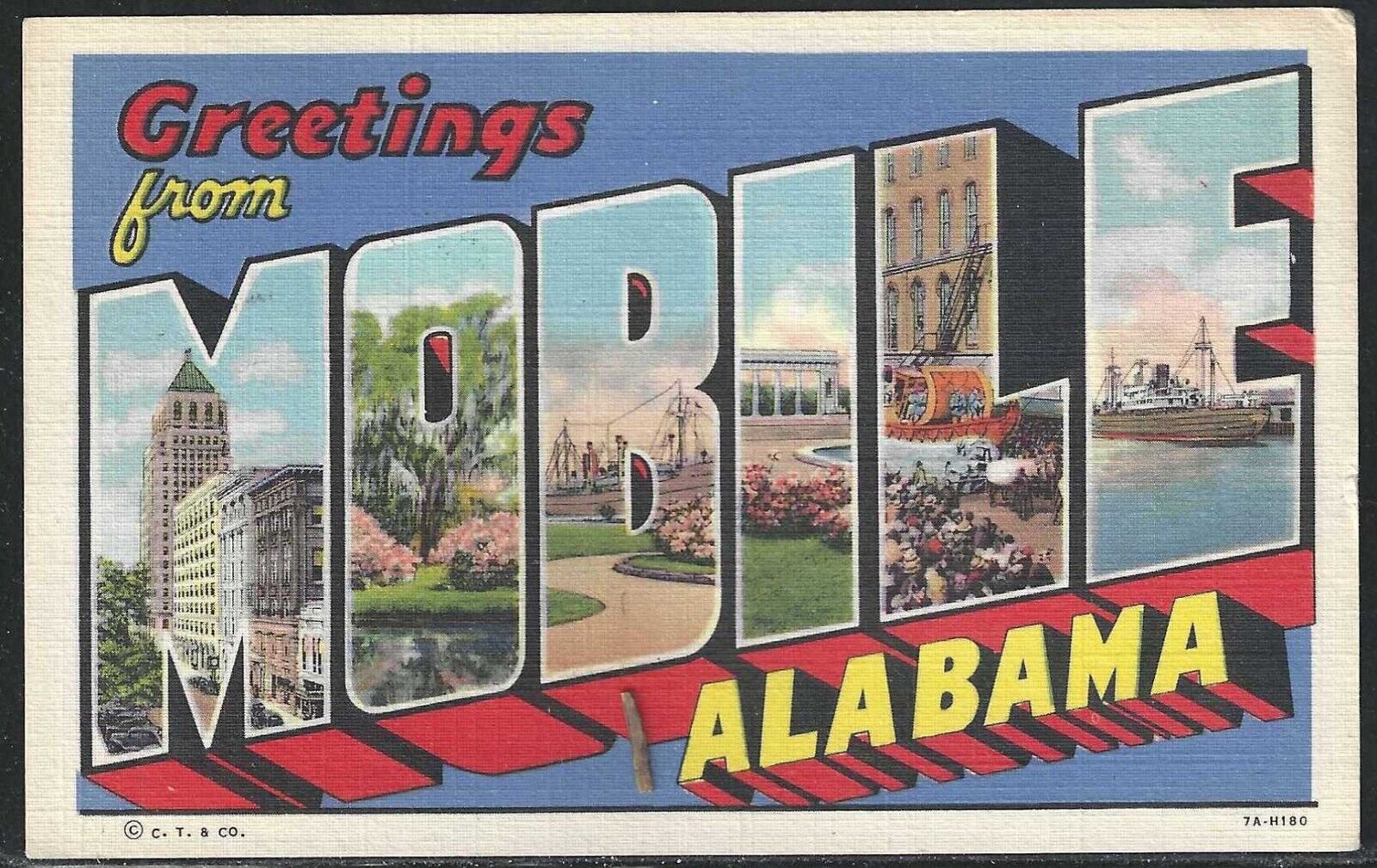 Large Letter: Greetings From Mobile, Alabama, Early Linen Postcard, Used in 1948