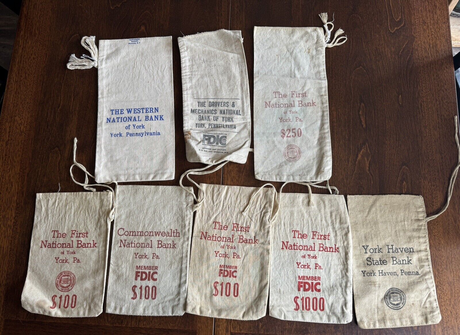 Lot of 8 Vintage First National Bank Of York EMPTY MONEY BAGS York Haven