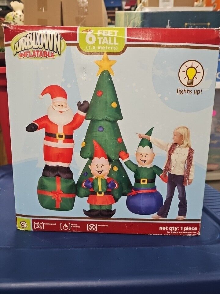 New 6ft Airblown Santa Claus with Elves & Christmas Tree Gemmy. Box Has Damage