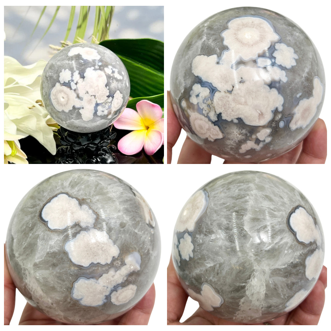 Flower Agate Pink Blue Quartz Sphere Healing Crystal Ball 944g 87mm