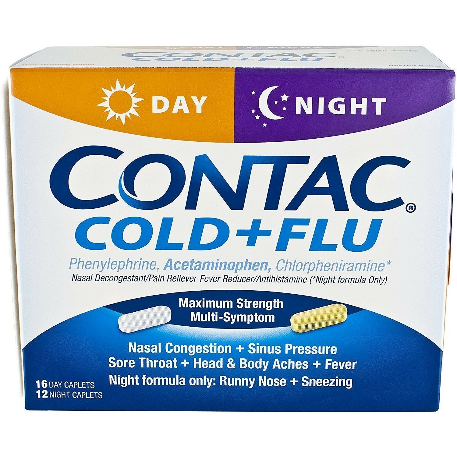 Contac Cold + Flu Acetaminophen Pain & Fever Relief Day & Night Caplets 28 Count