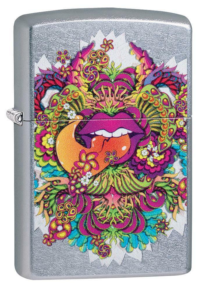 Zippo Street Chrome Lighter With Psychedelic Lips Design, 49110, New In Box