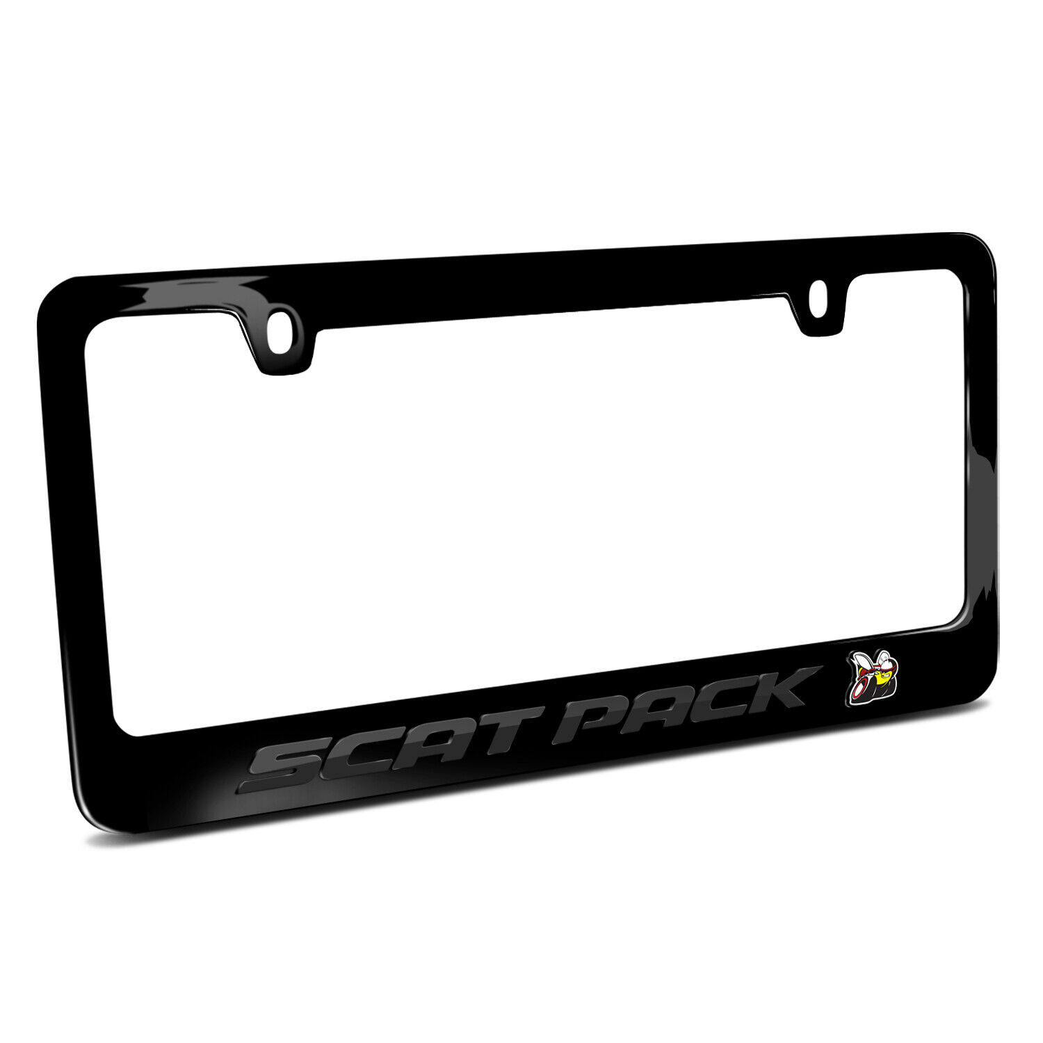 Dodge Scat-Pack in 3D Dark Gray Letters on Black Metal License Plate Frame