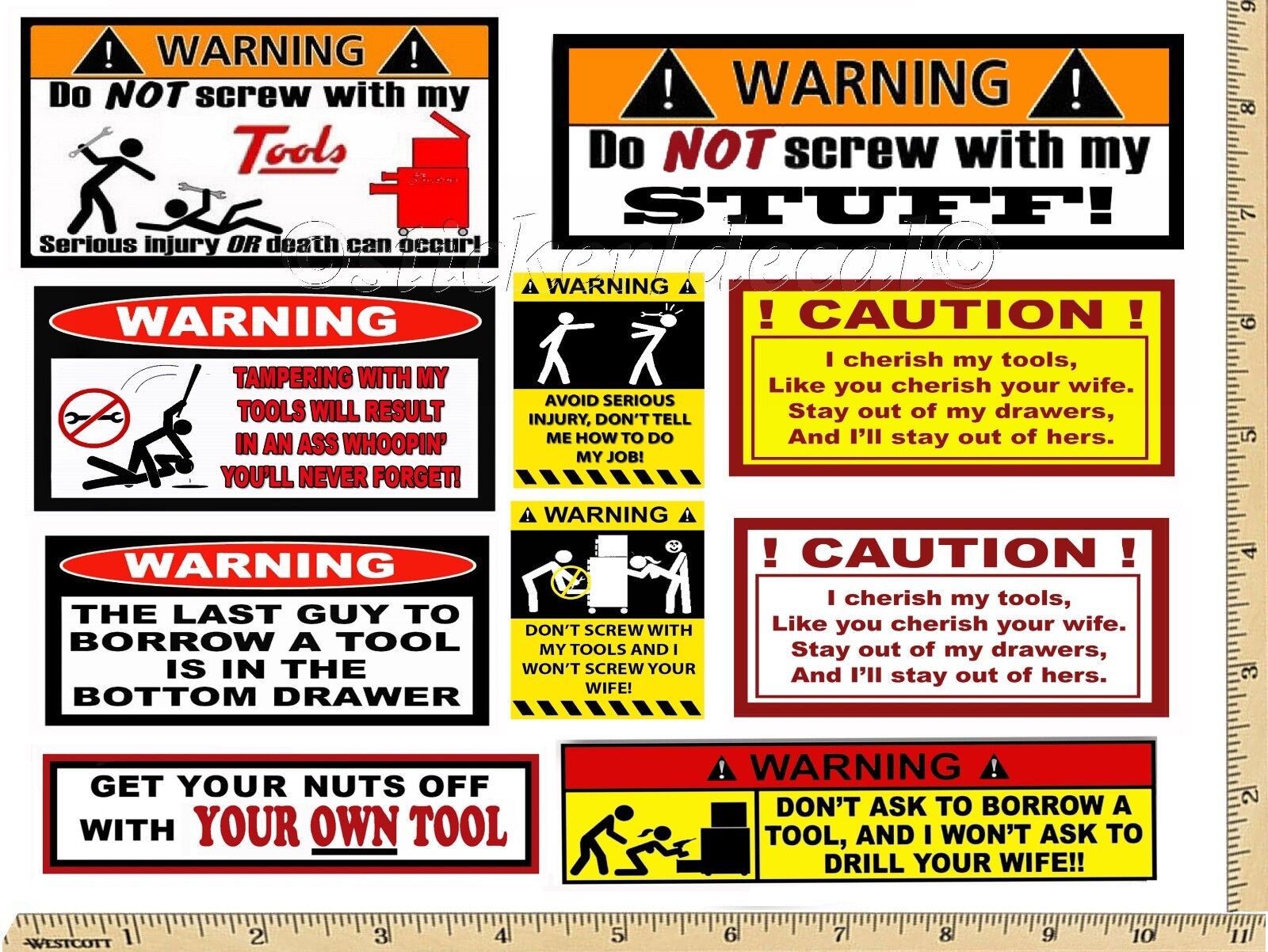Funny Warning Stickers - Complete set of 10 Decals  - Great For Toolbox USA 