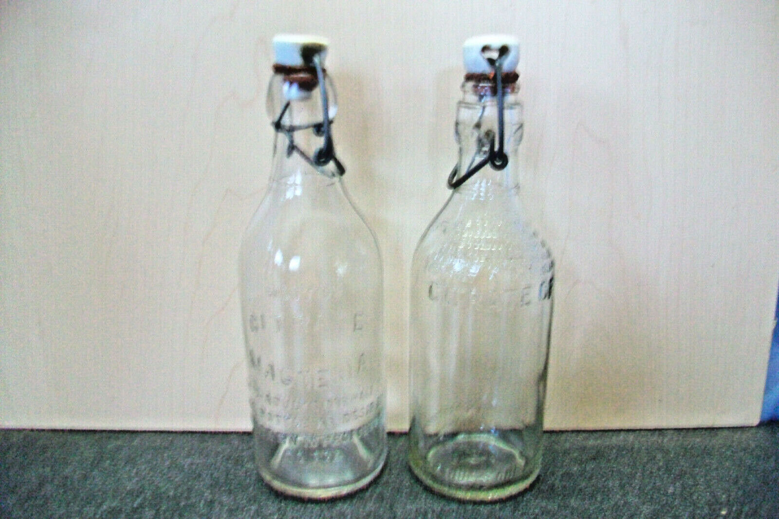CLEAR GLASS EMBOSSED CITRATE MAGNESIA BOTTLES PORCELAIN WIRE BAIL LID STOPPERS  