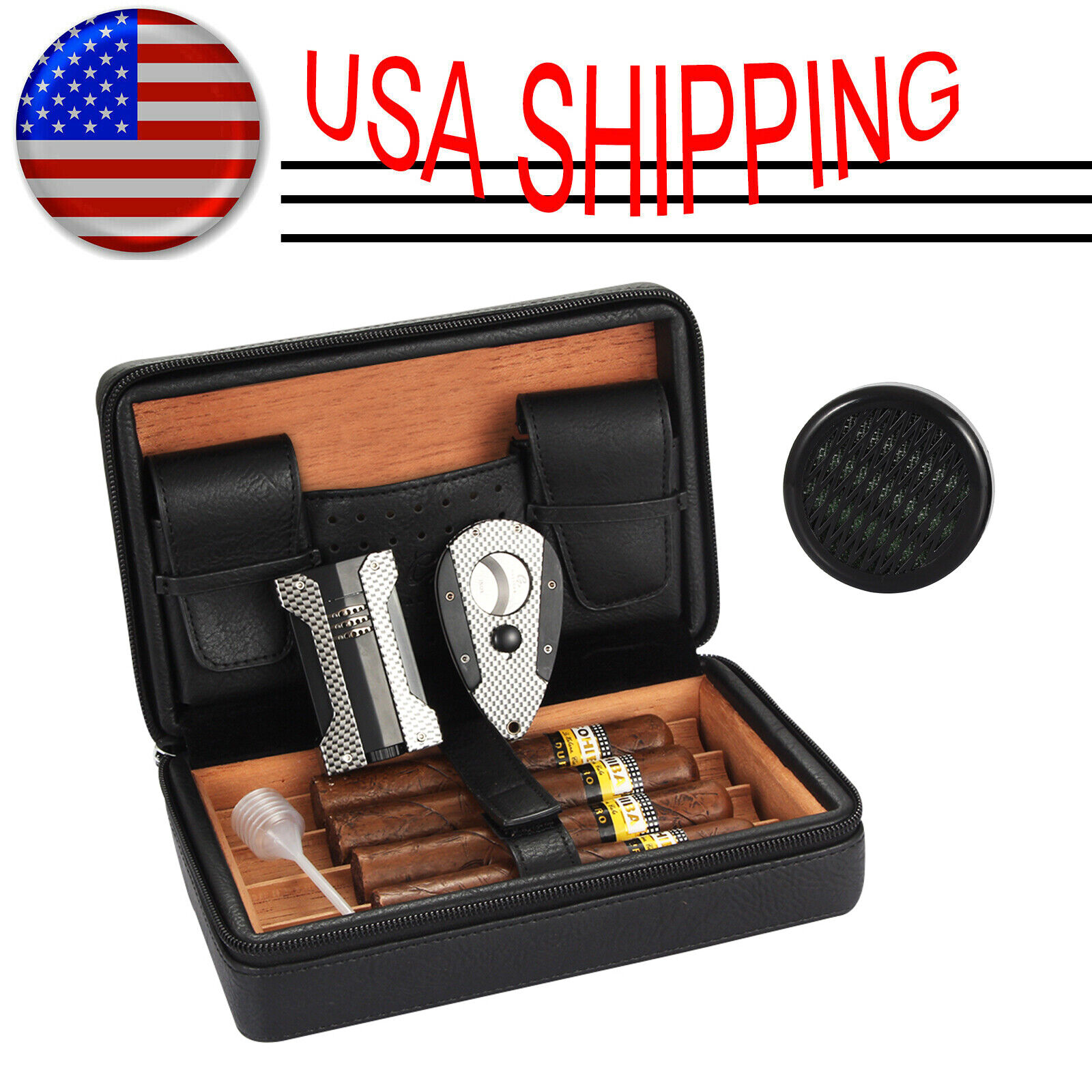 Galiner Black Travel Cigar Humidor Case 1 Torch Cigar Lighter Cutter Humidifier