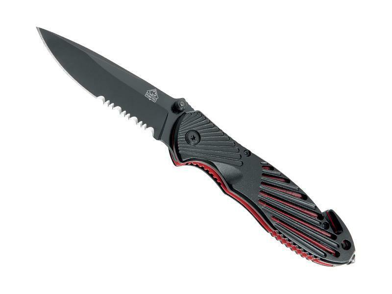 PUMA TEC - Black/Red Aluminum Folding Knife 11cm Semi-Toothed Stainless Blade - 319911