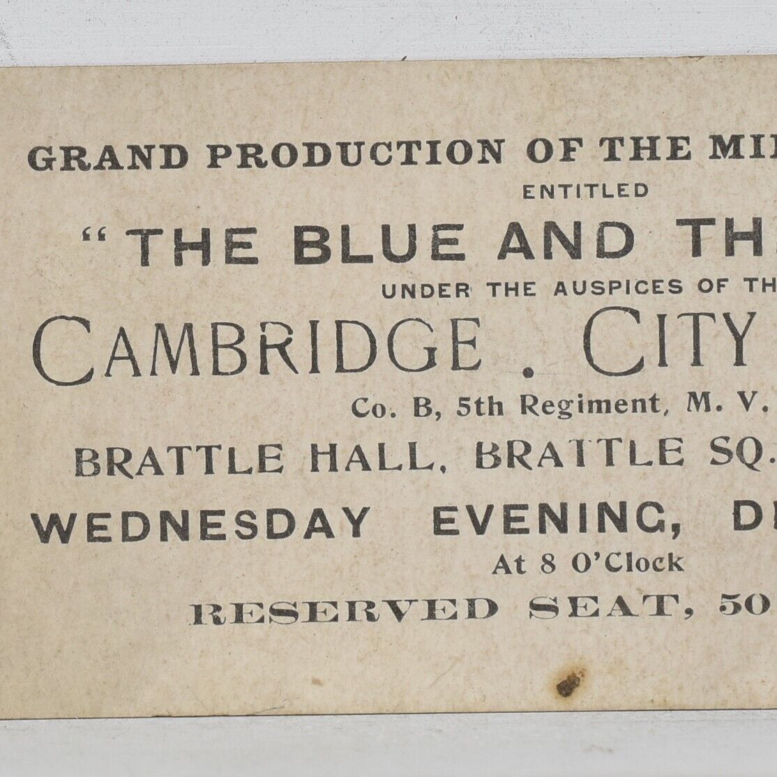 1896 The Blue And Gray Brattle Hall Square Cambridge Harvard University Ticket