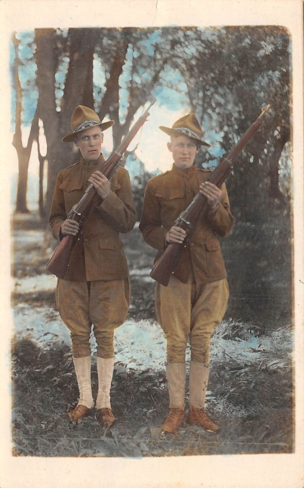 RPPC Two WWI Soldiers with Rifles Hand Tinted Colorized c1918 AZO Postcard