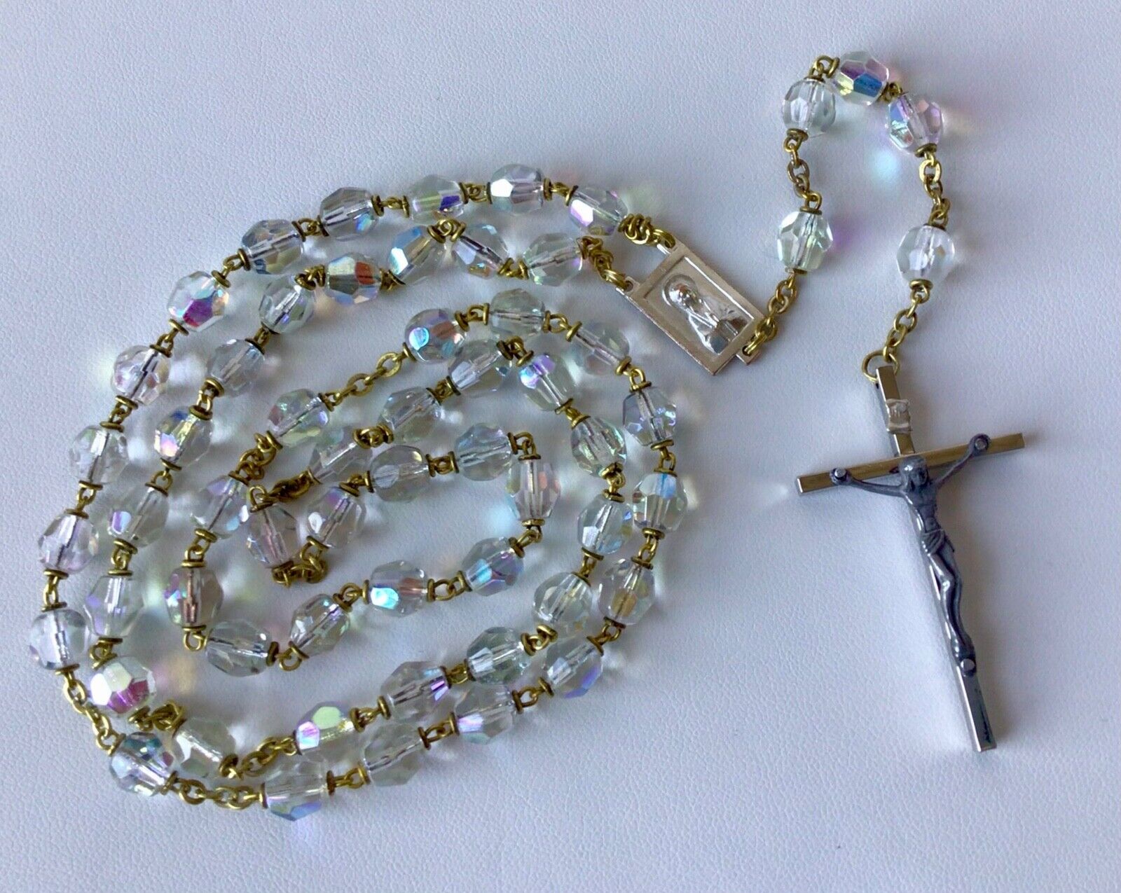 Vintage Aurora Borealis Faceted Crystal Glass Rosary Italy