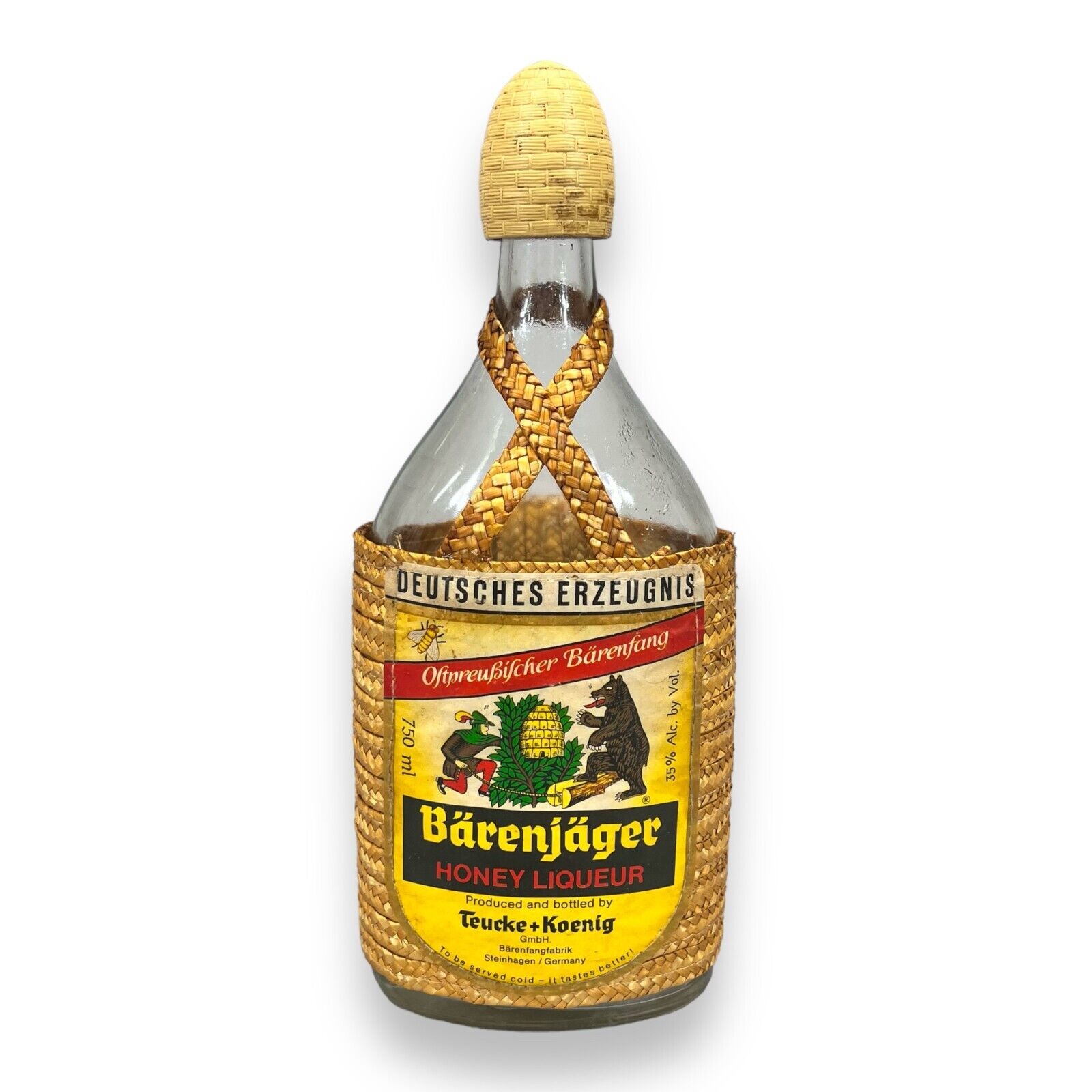 Vintage BarenJager Honey Liqueur Bottle with Woven Straw Wrap 750ml Germany
