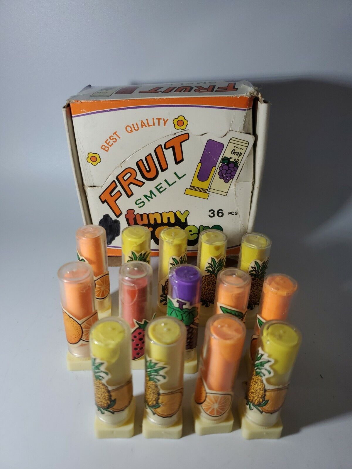 Vintage Best Quality Fruit Smell Funny Erasers Lot of 14 With Original Display 