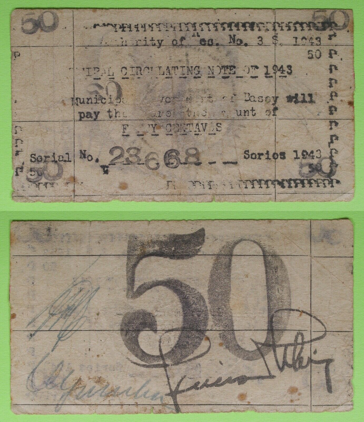 1943 Philippines ~ BASEY, Samar 50 Centavos ~ WWII Emergency Note ~ SMR-214 /668