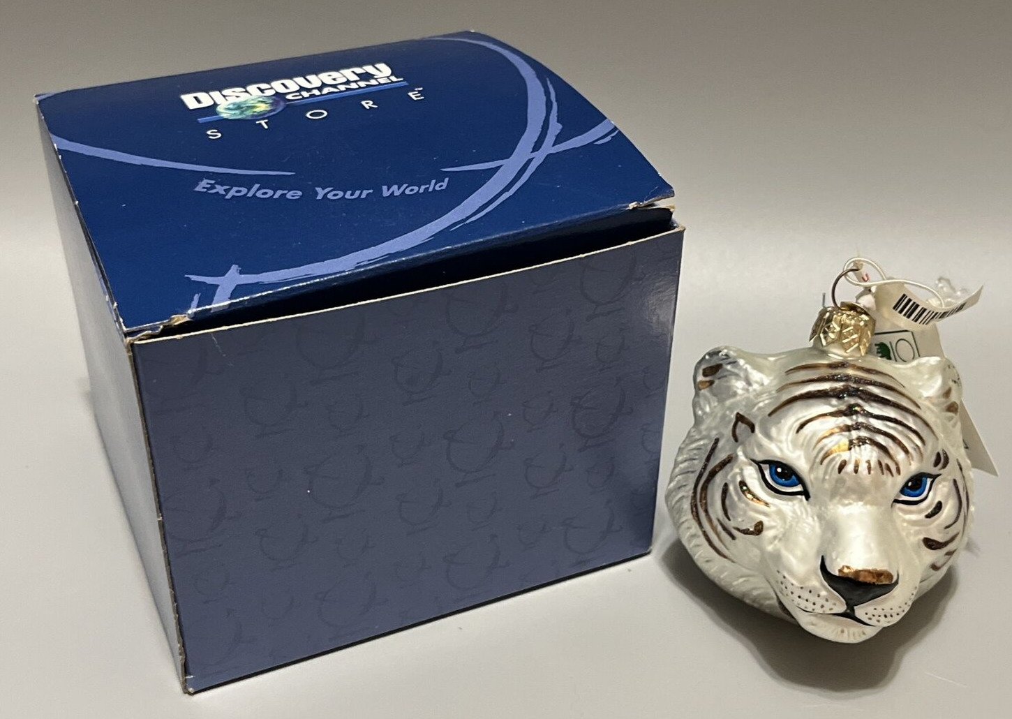 Siberian White Tiger Glass Ornament Discovery Channel Ornimals 3” Poland W/Box