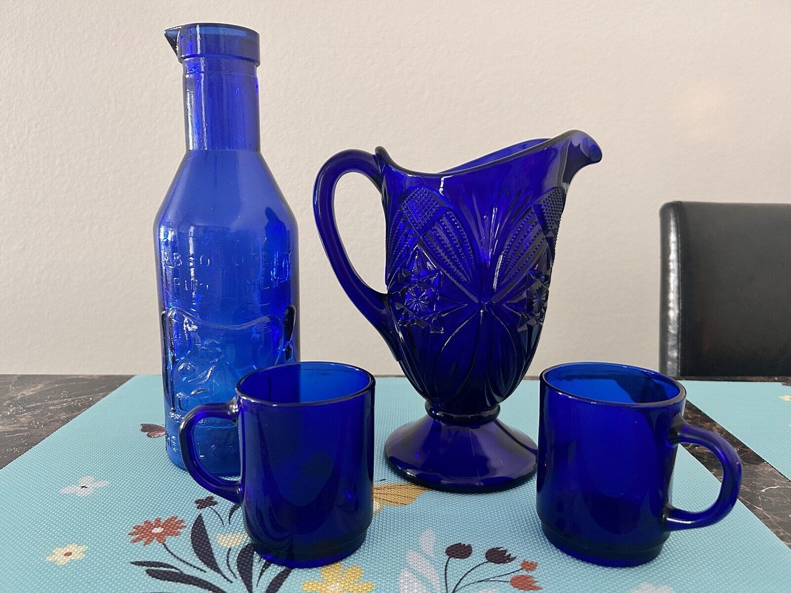 Vintage Cobalt Blue Cut Glass Pitcher Milk Bottle And Coffee Cups
