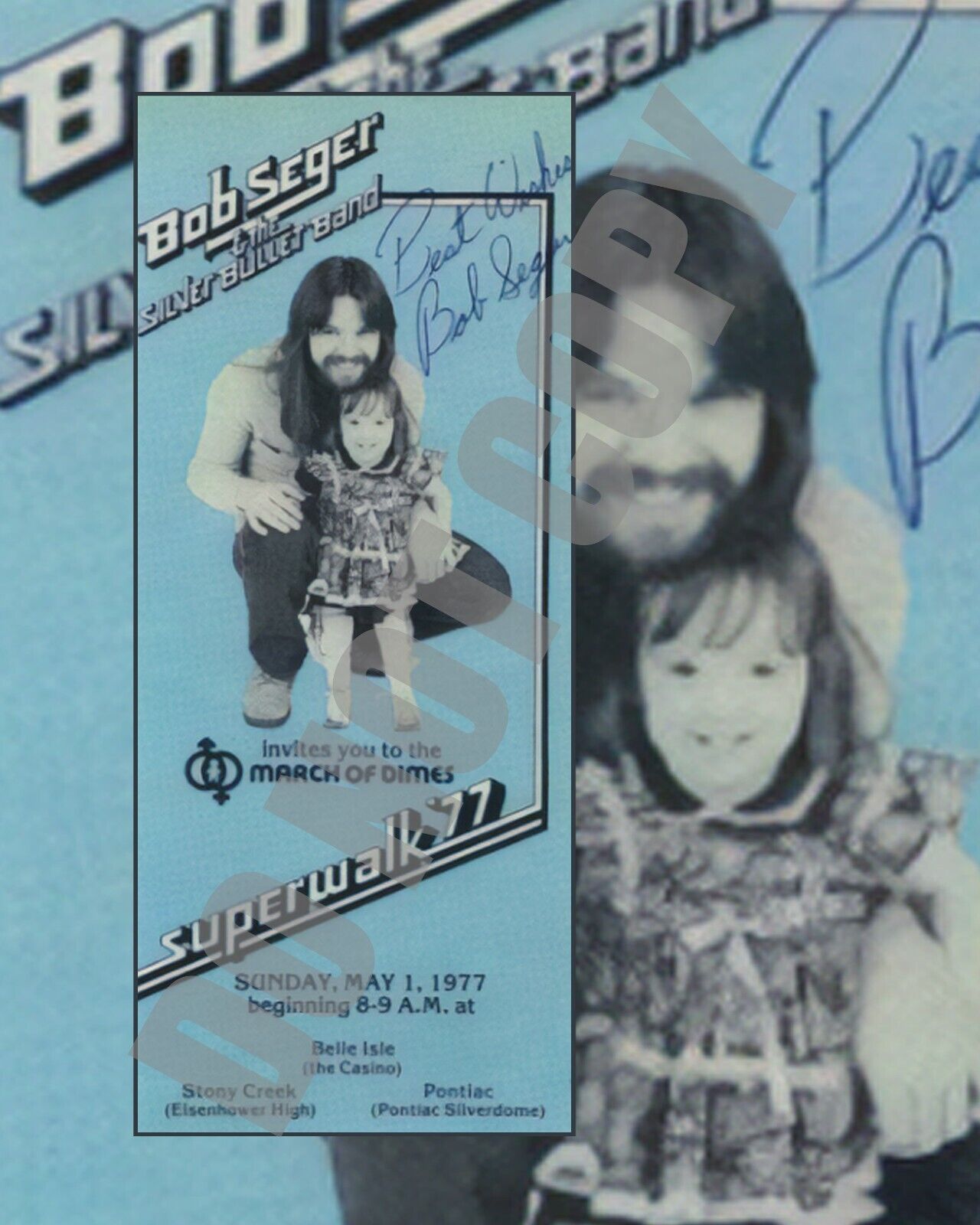 1977 Sidewalk March Dimes Bob Seger Silver Bullet Band Preprint Sign 8x10 Photo