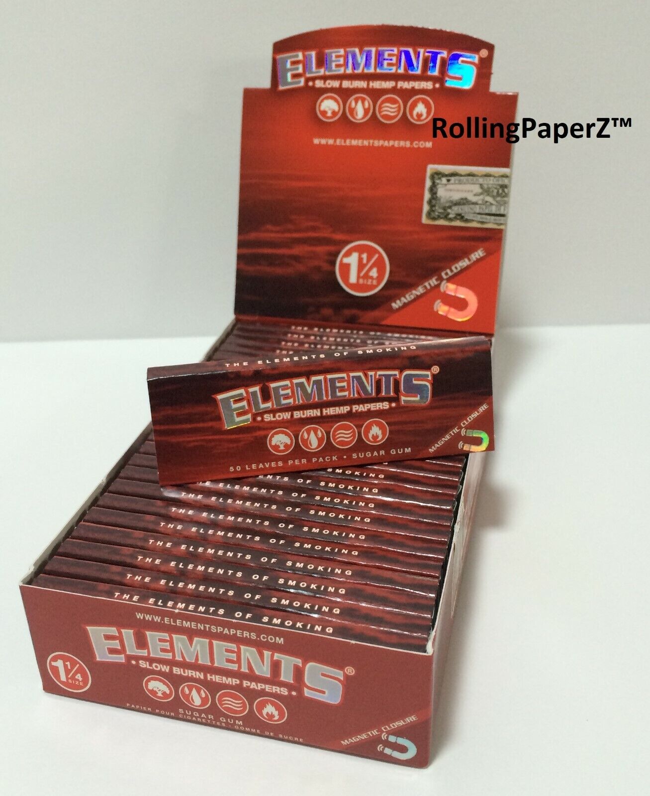FULL BOX 25 PACKS ELEMENTS RED 1 1/4 SIZE HEMP CIGARETTE ROLLING PAPERS