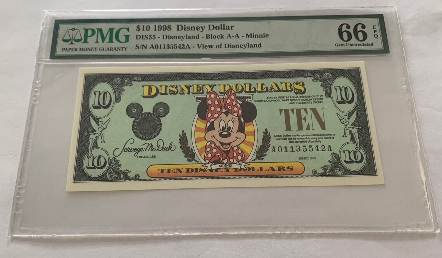 PMG-66 $10 1998 Disney Dollar Block AA Minnie View of Disneyland 