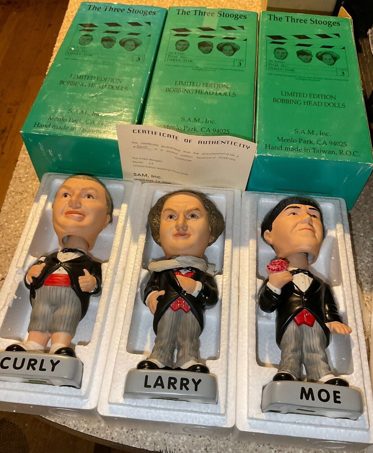 The Three Stooges Bobbleheads 1994 Sam Inc. Set Of 3 Larry, Curly, And Moe W/box