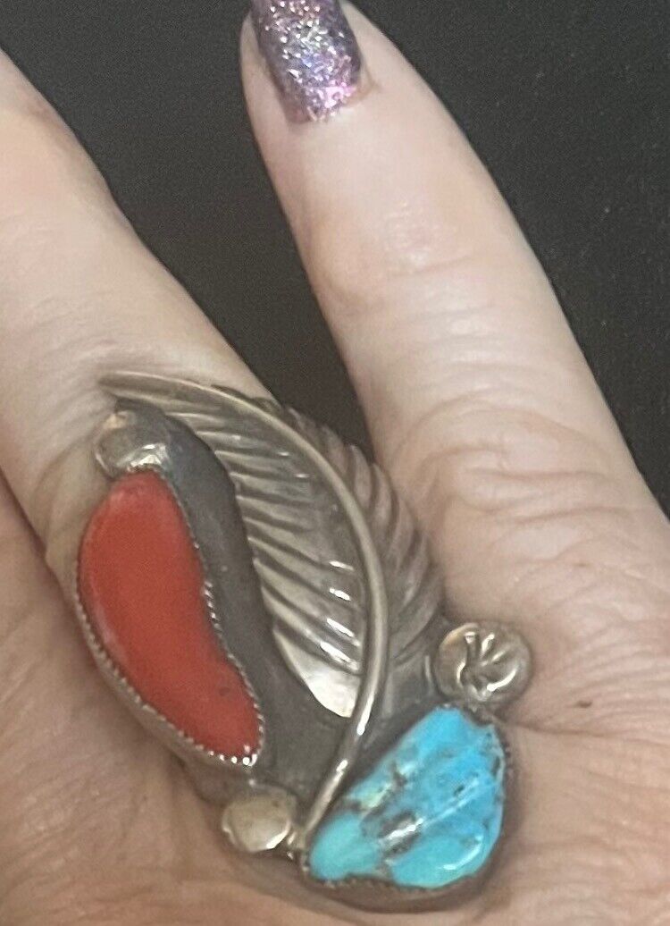 Zuni Cochiti Ben Eustace Natural Coral & Lone Mountain Turquoise Ring Size 7.25