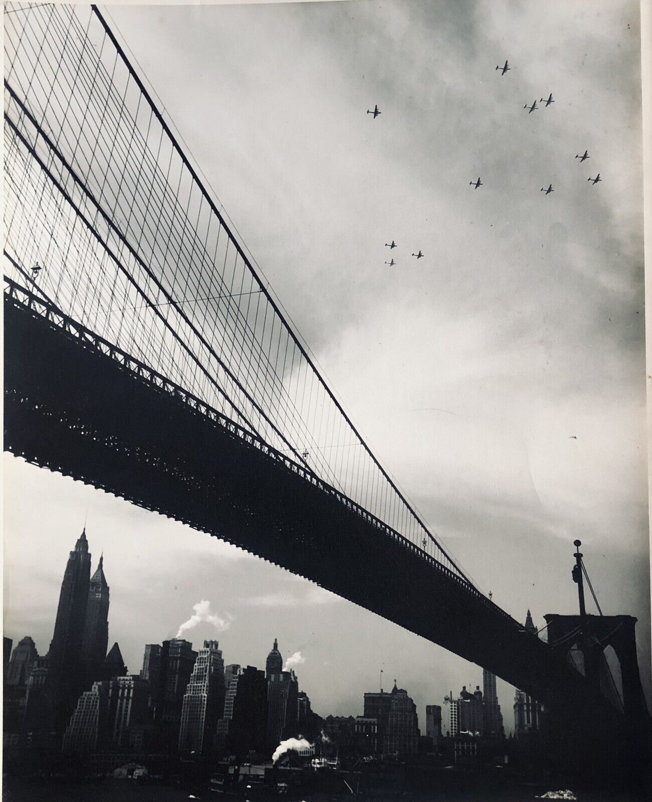 LARGE Impressive c. 1942 Silver Gelatin Photo Brooklyn Bridge WWII Airplanes NYC