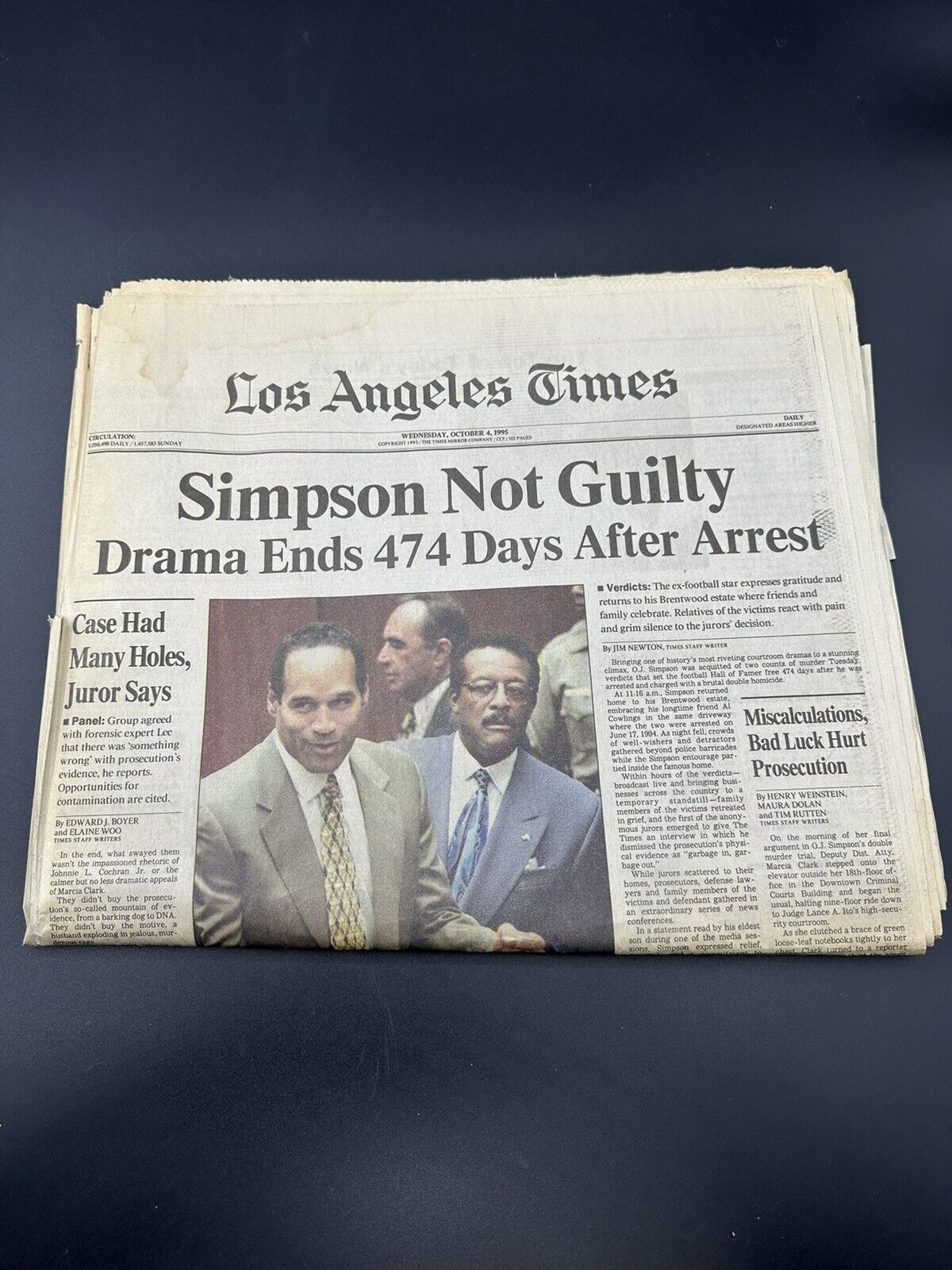 O.J. Simpson Not Guilty Los Angeles Times Newspaper Oct. 4, 1995 Full Paper