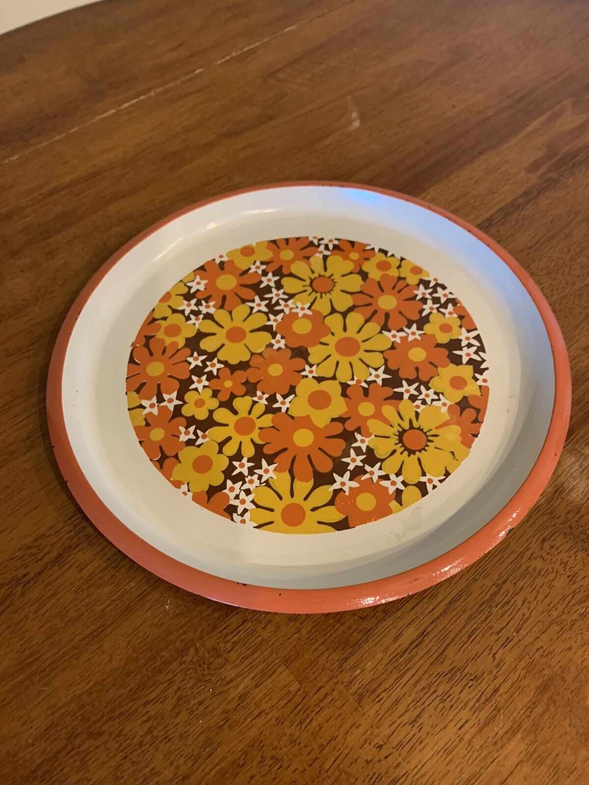 Vintage 1960’s 70s Mod Party Serving Tray Round  Daisy Orange 13”
