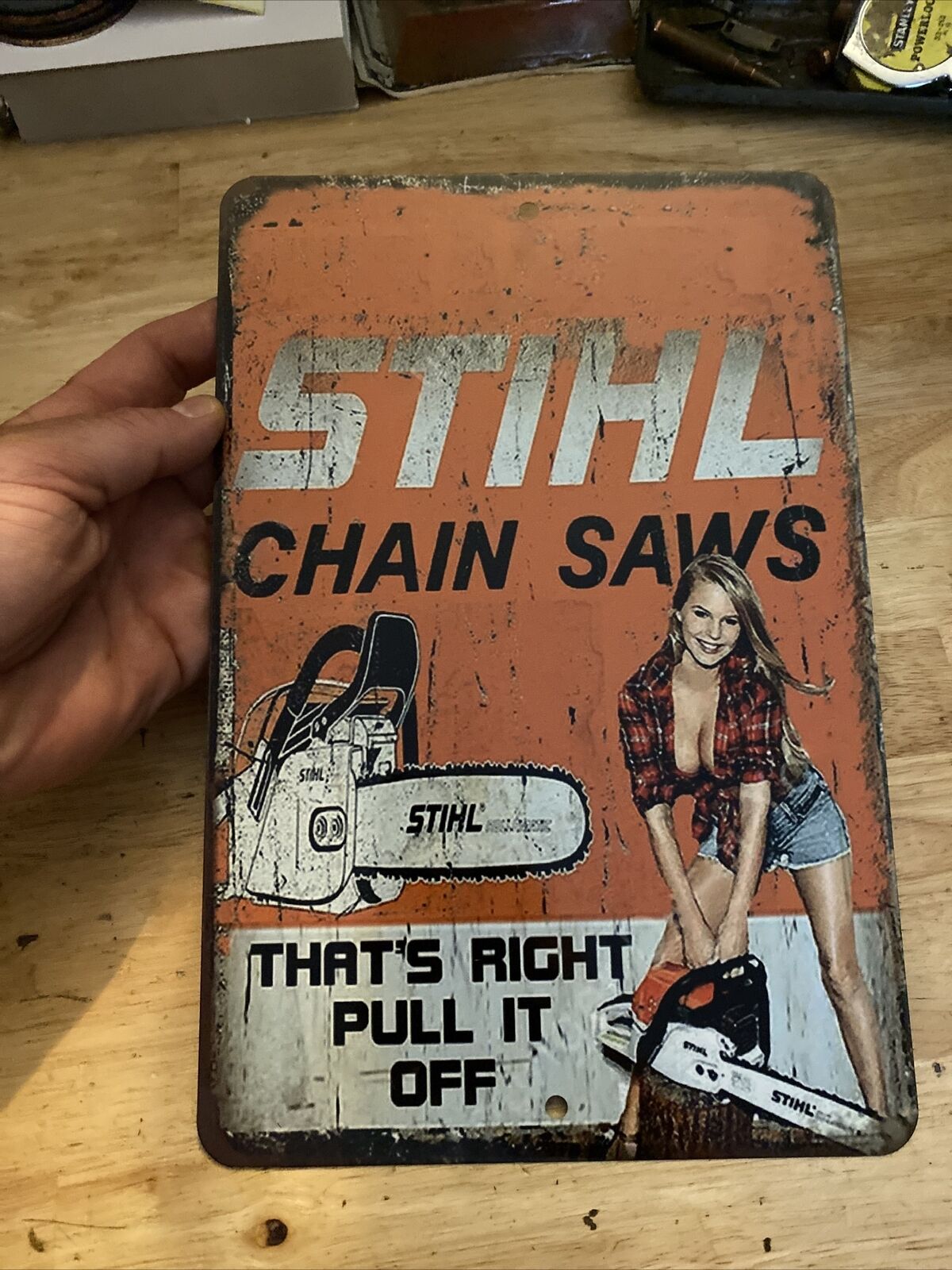 Stihl Chainsaw Sign LUMBERJACK Stainless Steel Dealer Saw Axe Husqvarna 8x12”