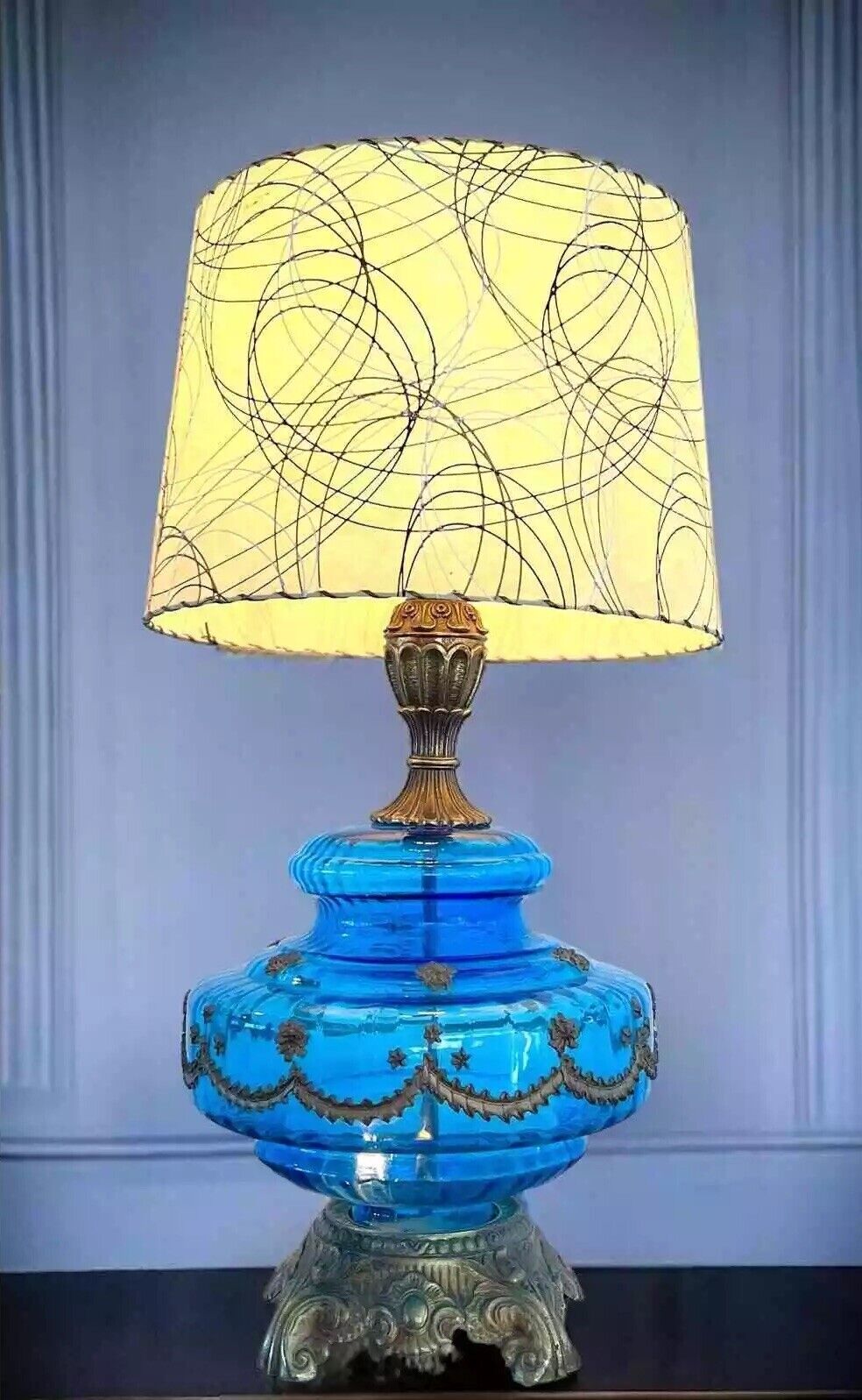 Mid-century Cobalt Blue Glass Lamp With Fiberglass Shade