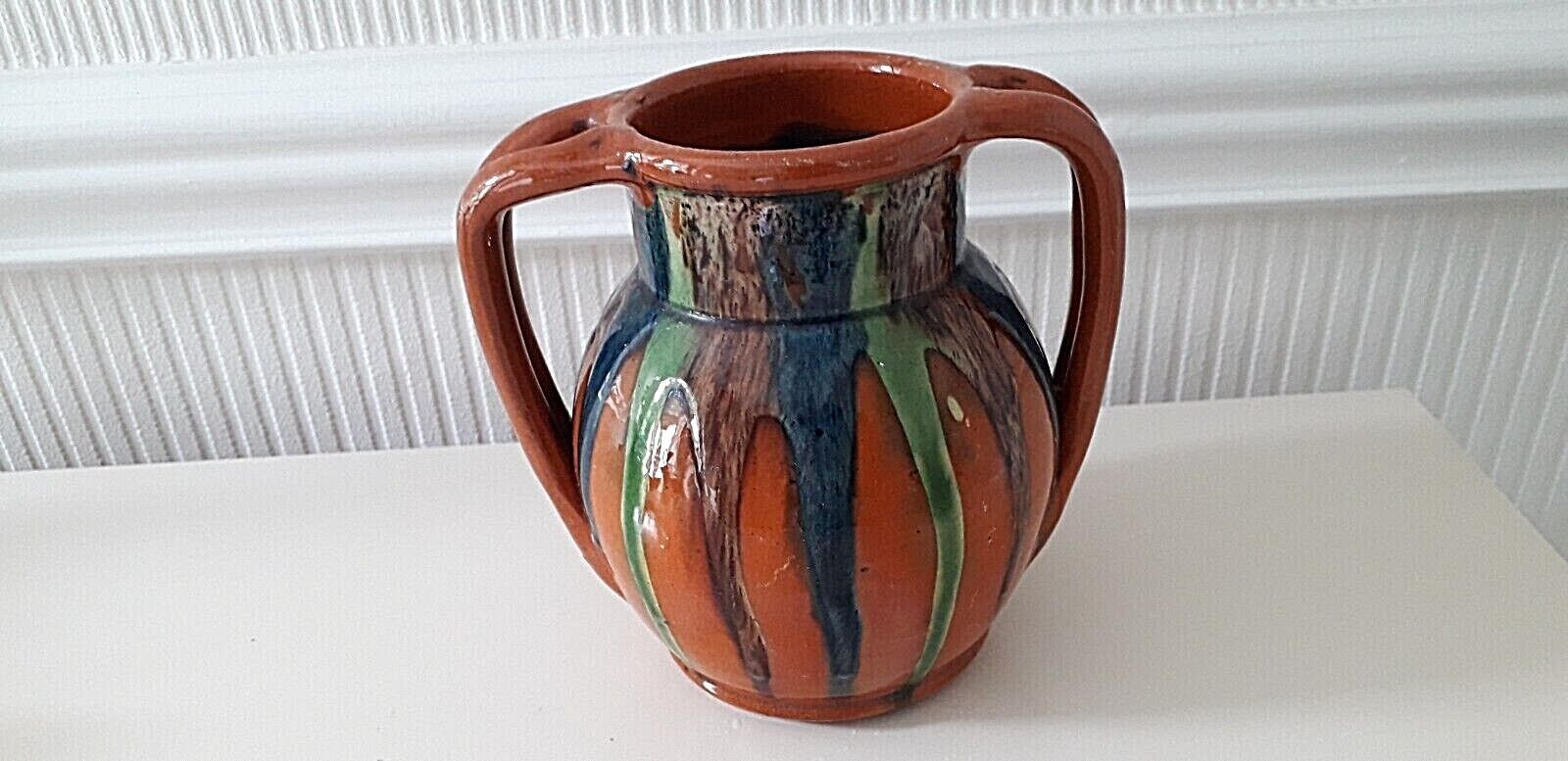 Vintage Belgium Orange Glassed Double Handled Jar / Pot Trickle Glazed Colours  