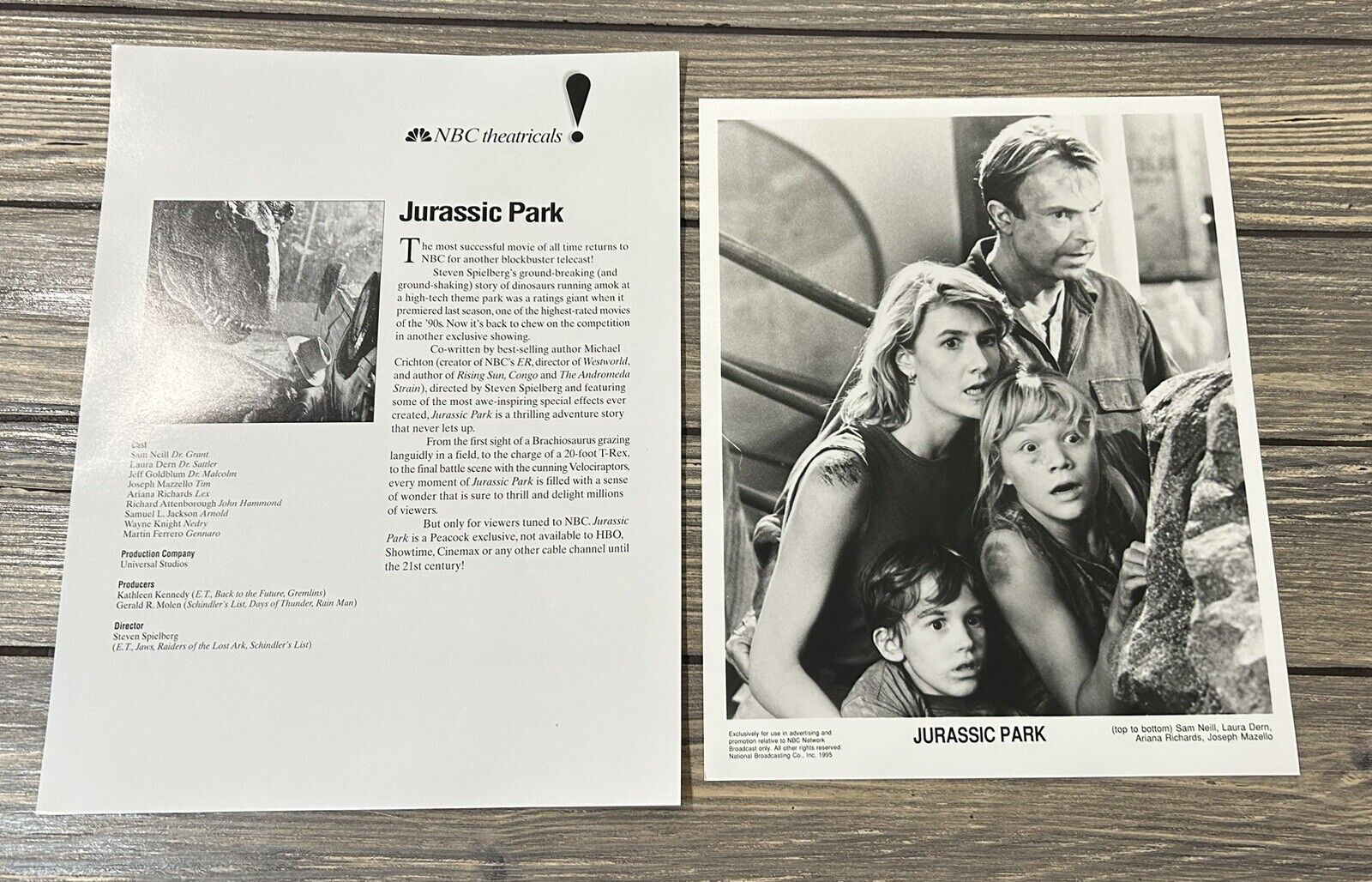 Vintage 1995 Jurassic Park NBC Theatricals Fact Sheet Photo J
