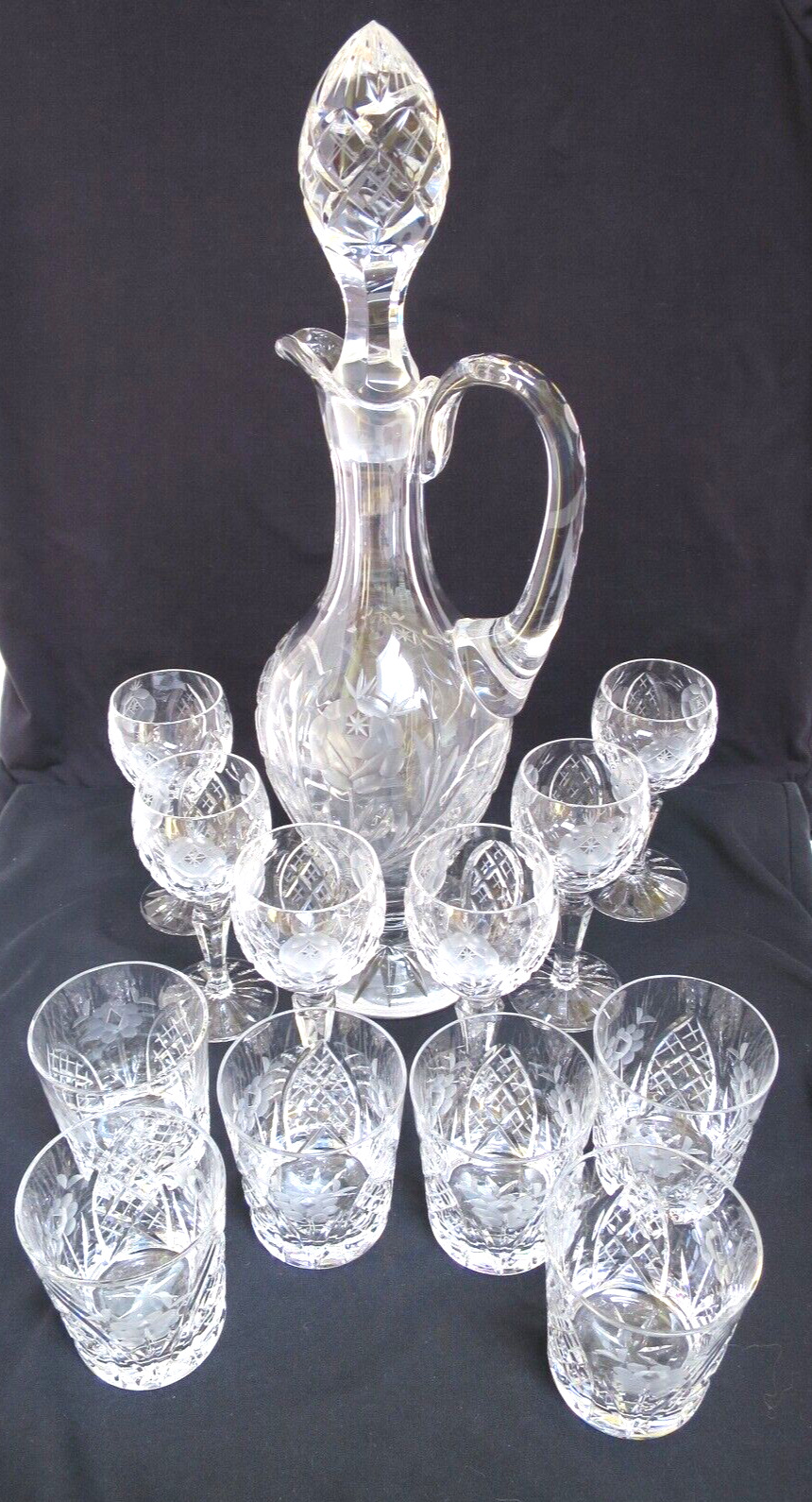 Vintage Cut-glass Decanter w/6 Matching Stemmed Goblets & 6 Low Ball Glasses