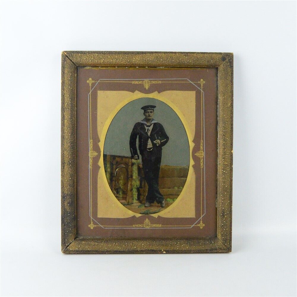 Antique Full Plate Tintype Photograph SMS Siegfried German Sailor Painted Framed