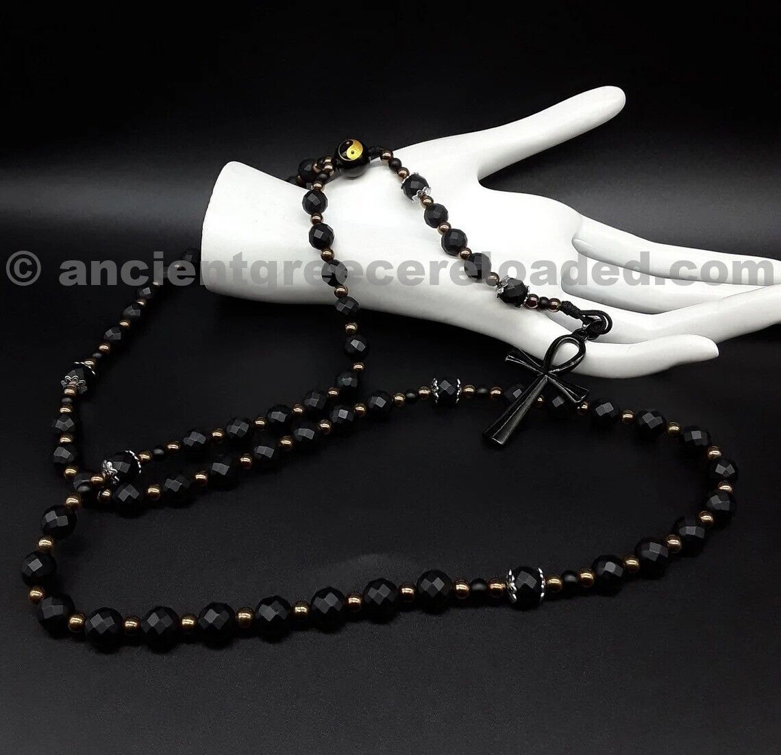The Catholic Yin and Yang 5 Decade Ankh Rosary, Ankh Cross, polygonic Black Onyx