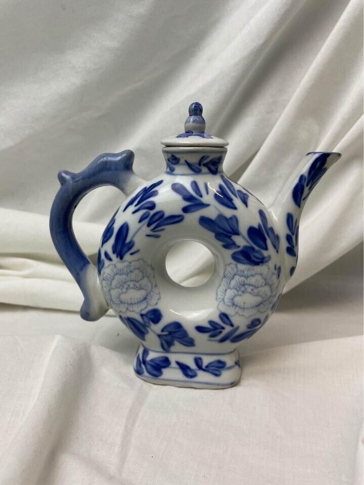 Vintage Chinese hand painted Porcelain Blue and White Teapot/Pitcher Donut Shape