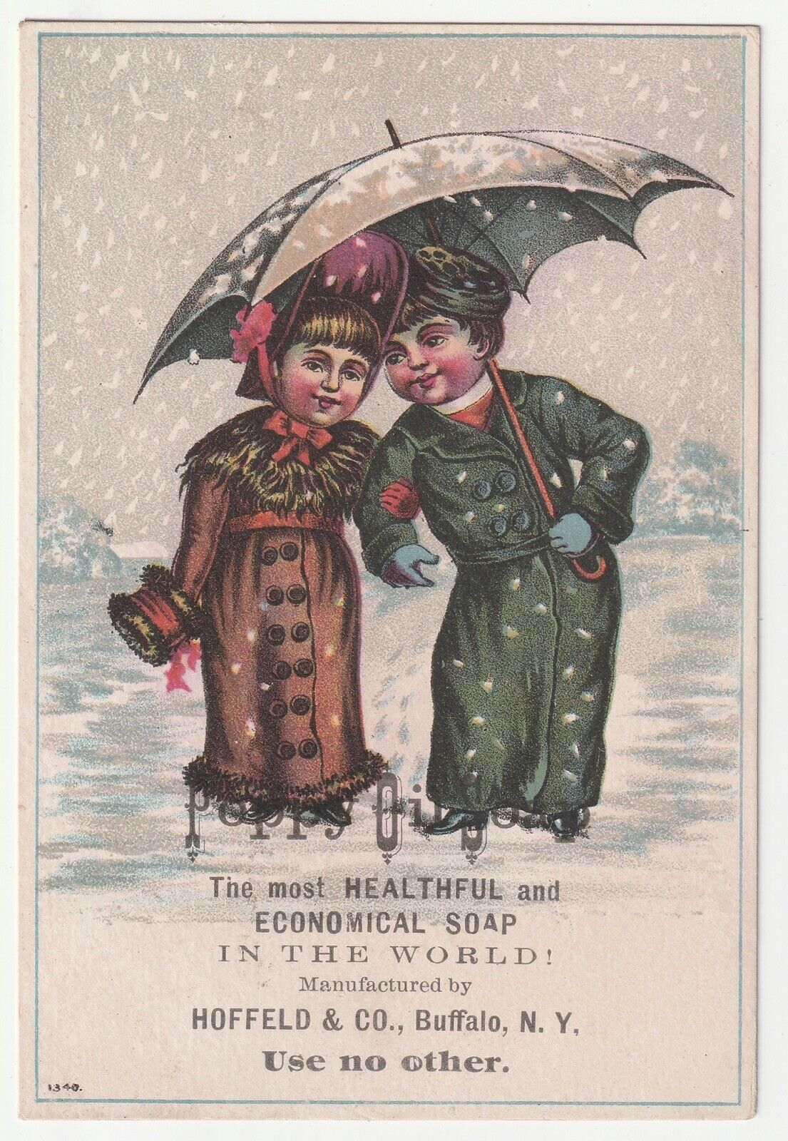 c1880s~Hoffeld & Co Soap~Lovers In Snow~Buffalo New York NY~Victorian Trade Card