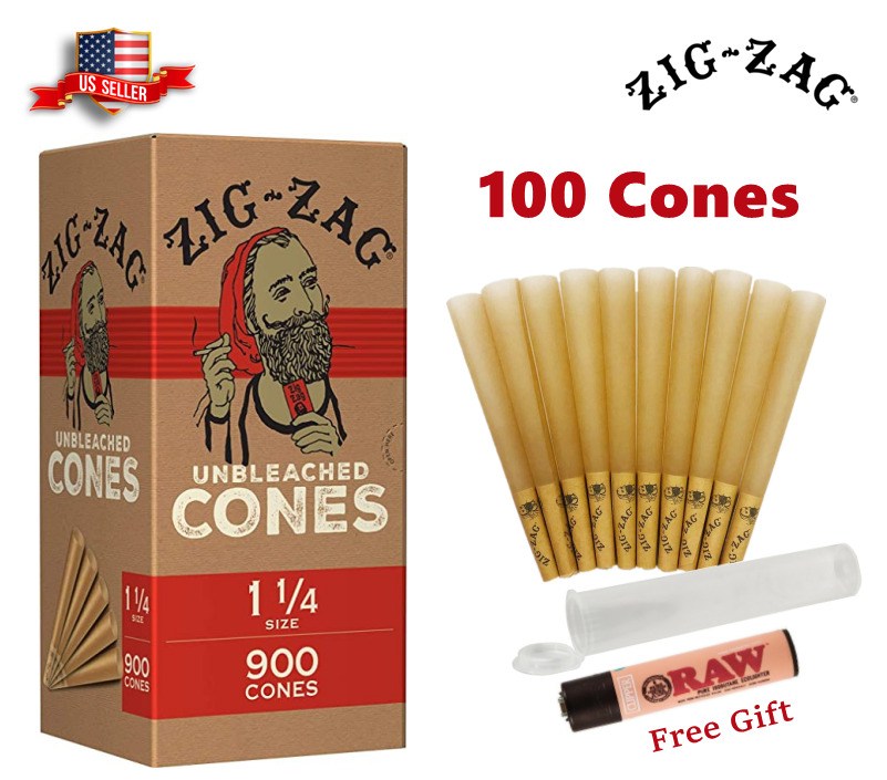 Authentic Zig-Zag 1 1/4 Size Unbleached Pre rolled Cone 100 Cones & Raw Lighter 
