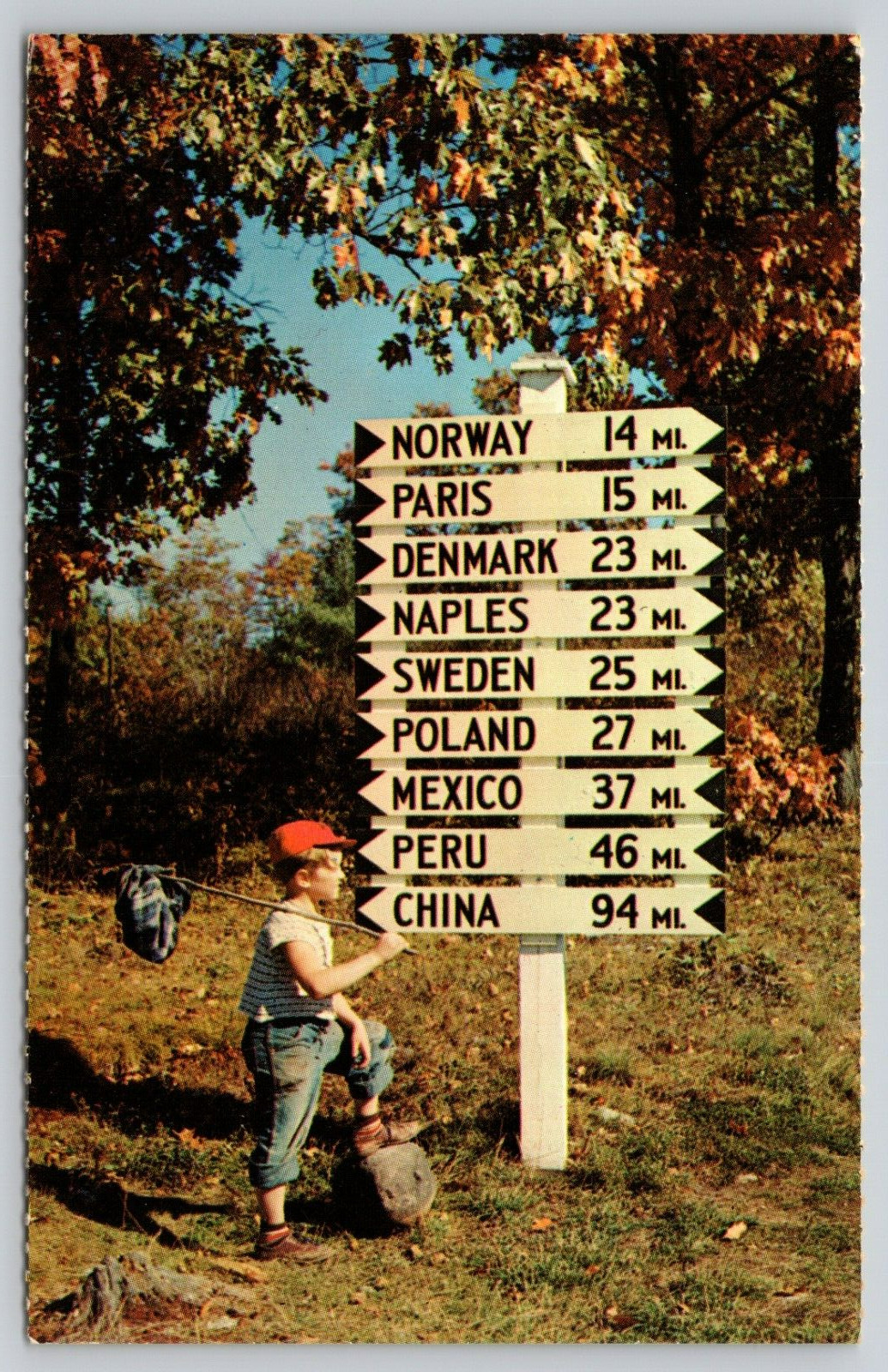 Postcard ME Maine The Signpost With Boy Hitchhiking Chrome UNP A13
