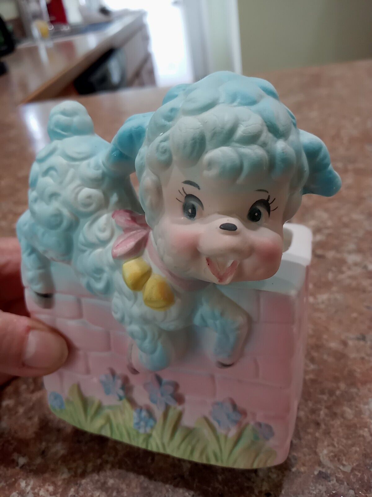 Vintage Enesco Lamb Nursery Planter Baby Blue With Pink Bow Tie Made In Japan 