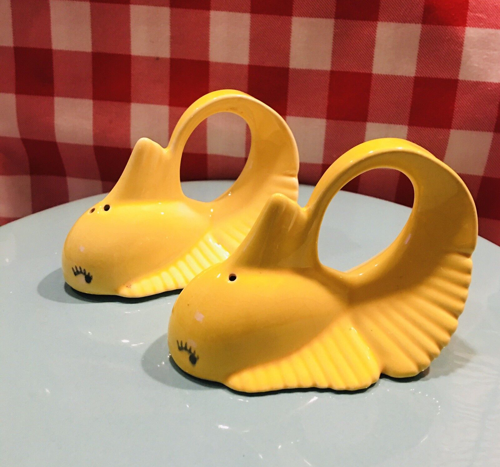 Vintage Japan Figural Yellow Fish anthropomorphic Salt & Pepper Shakers