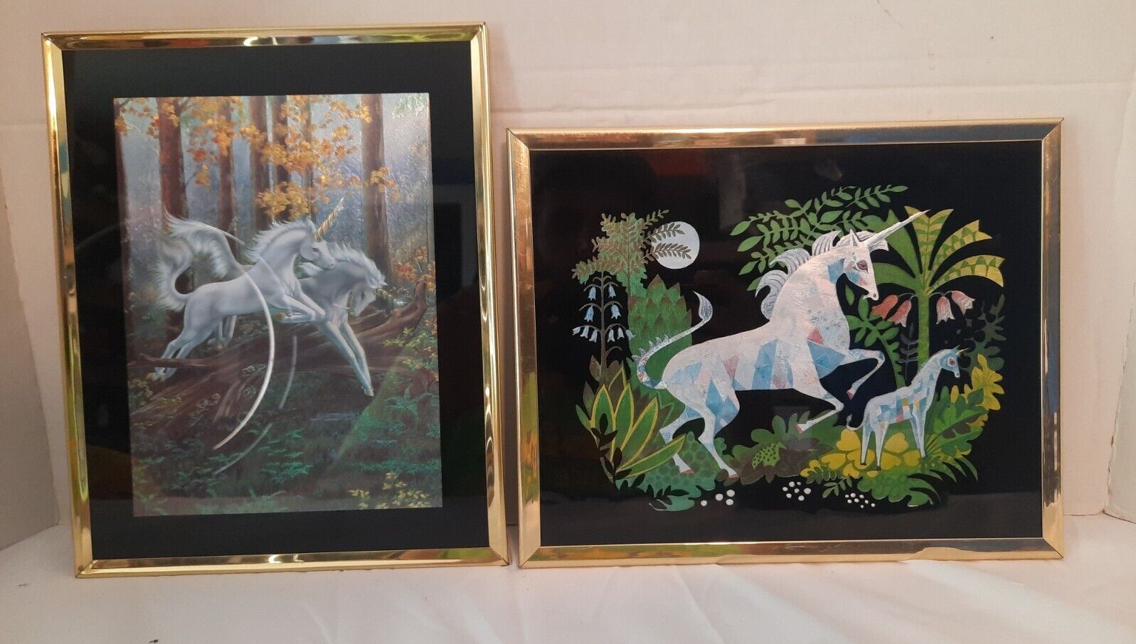 Mama & Baby Unicorn Under Moon Iridescent Surreal Fantasy Land Foil Prints 10x8