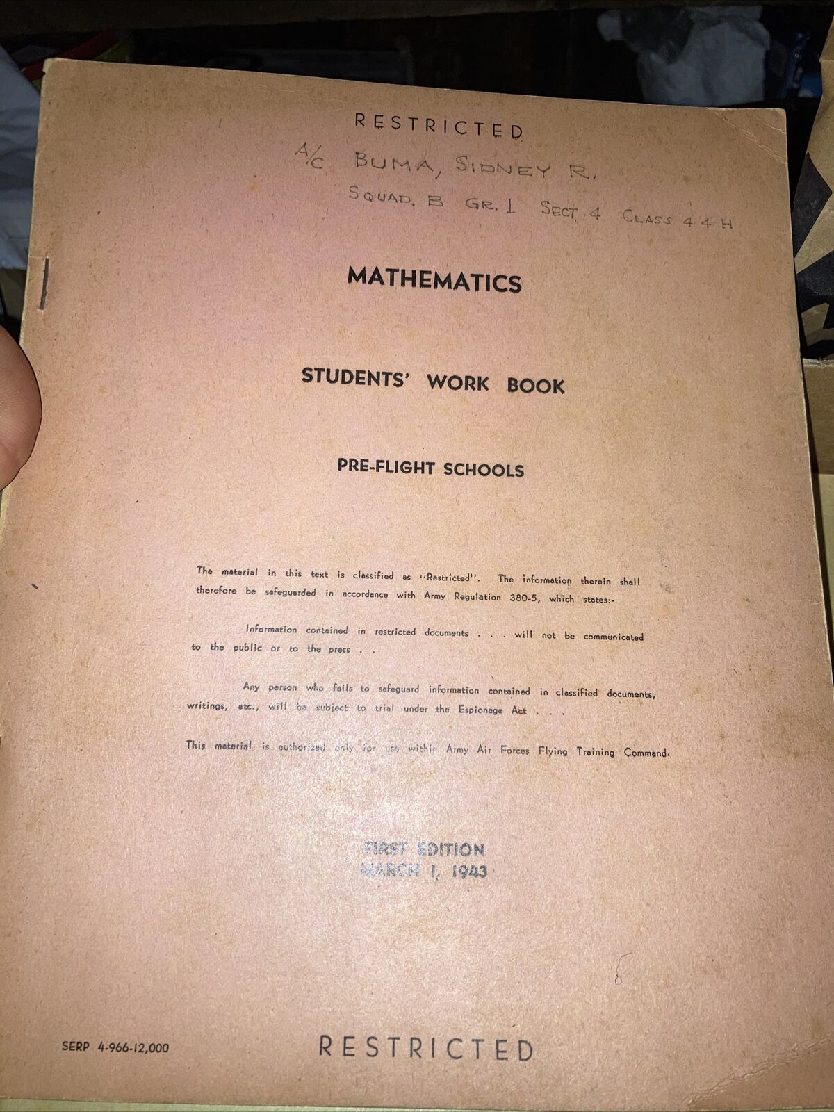 VTG United States Navy Pre-Flight School WORK BOOK Mathematics RESTRICTED 1943