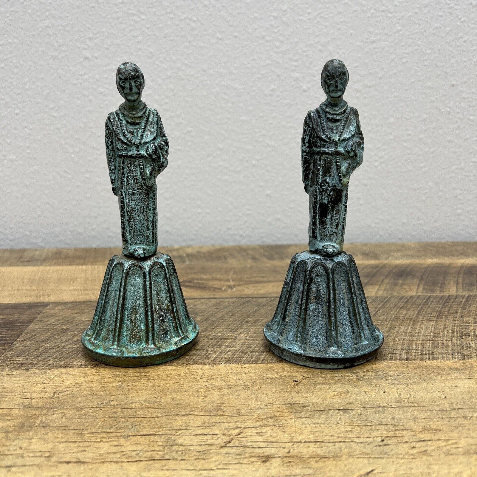 Vintage St. Francis Holding Dove Bronze Hand-Held Bell Set Of 2
