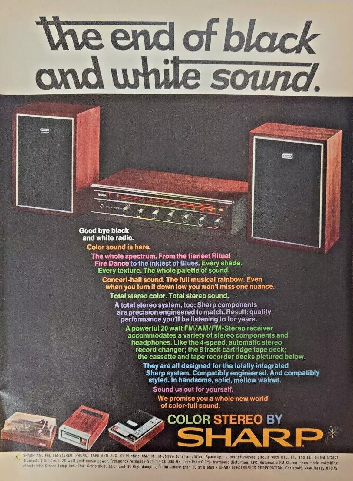 1969 SHARP Radio Color Stereo the End of Black and White Sound Vintage Print Ad