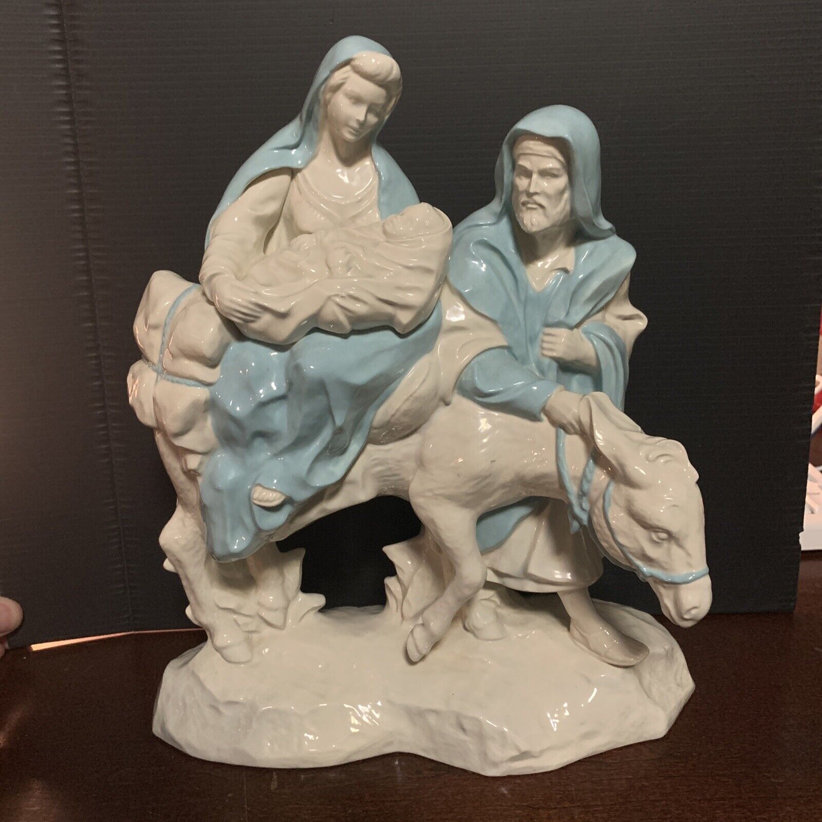 Vintage Nativity Ceramic Flight Into Egypt  Joseph& Mary & Baby white and blue