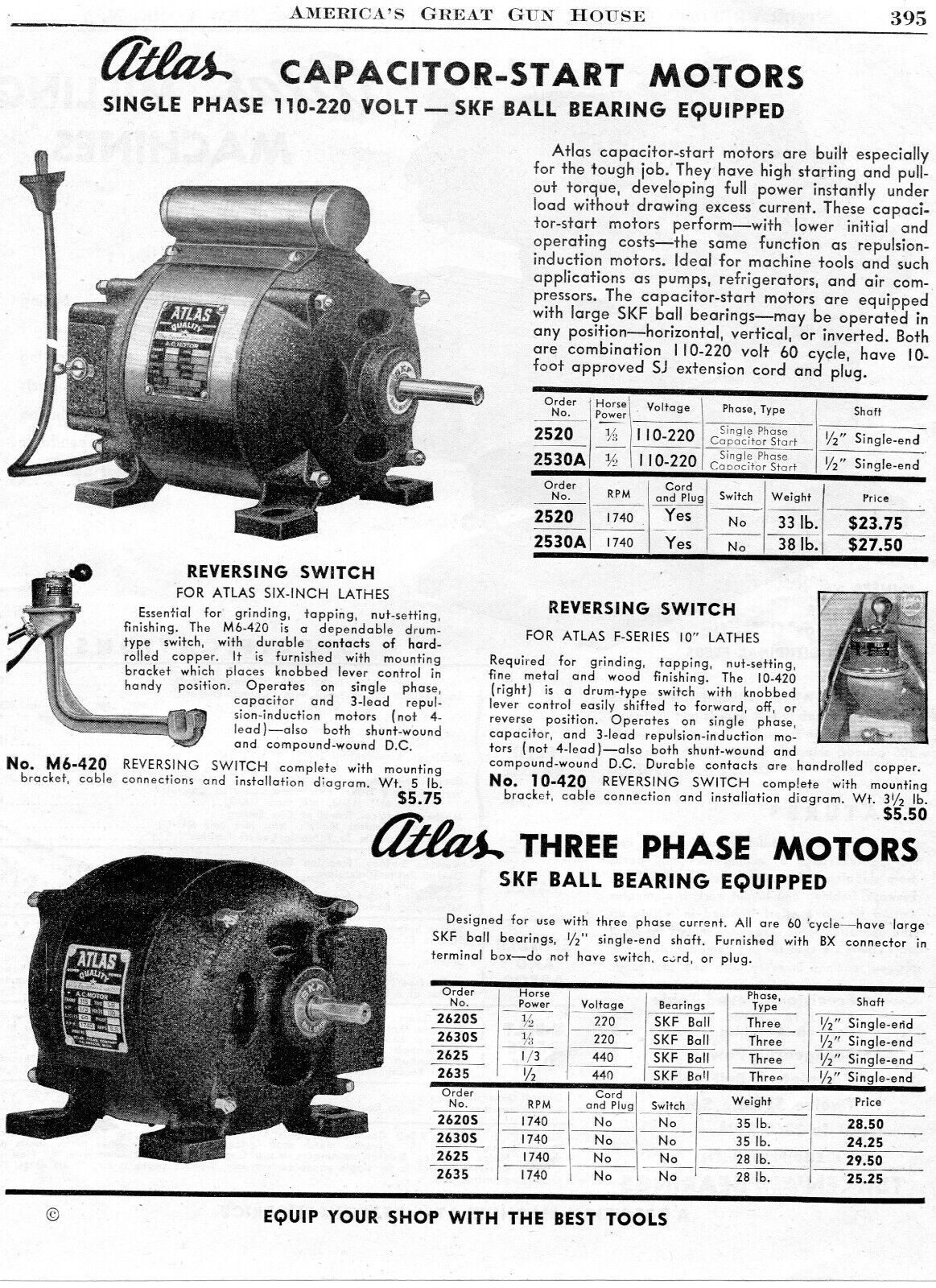 1946 Print Ad of Atlas Capacitor Start & Three Phase Motor